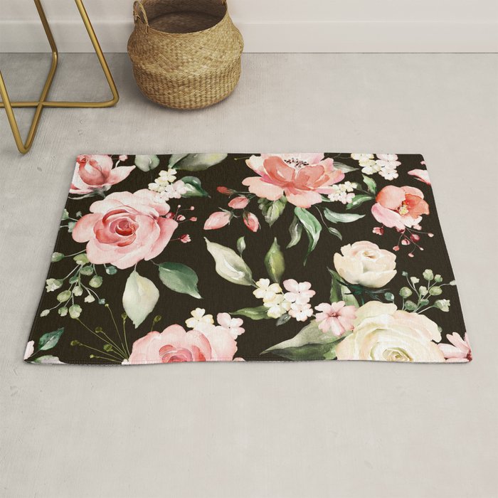 Pink & White Roses On Black Background Watercolor Painting Floral Pattern Rug Gallery Image 1