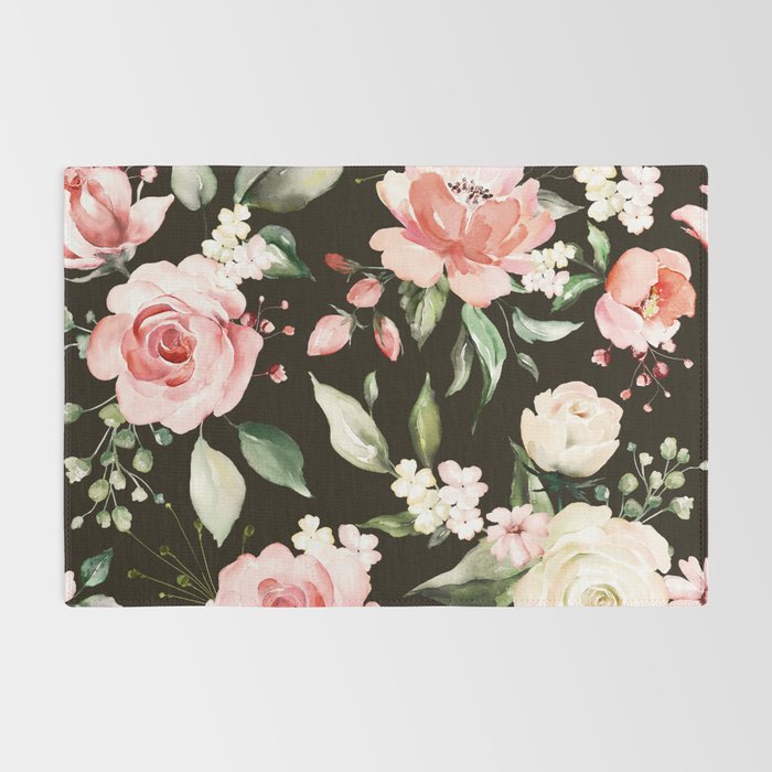 Pink & White Roses On Black Background Watercolor Painting Floral Pattern Rug Gallery Image 2