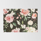 Pink & White Roses On Black Background Watercolor Painting Floral Pattern Rug Gallery Image 2