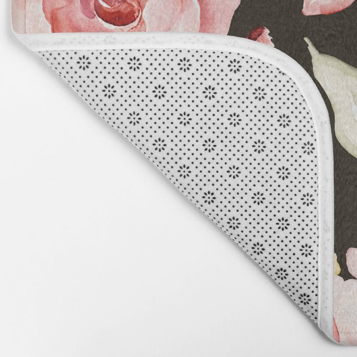 Pink & White Roses On Black Background Watercolor Painting Floral Pattern Bath Mat Gallery Image 2