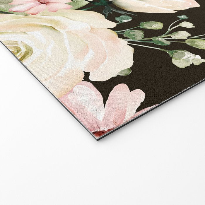 Pink & White Roses On Black Background Watercolor Painting Floral Pattern Welcome Mat Gallery Image 2
