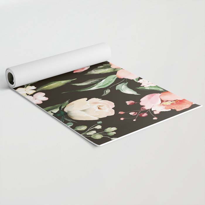 Pink & White Roses On Black Background Watercolor Painting Floral Pattern Yoga Mat Gallery Image 2