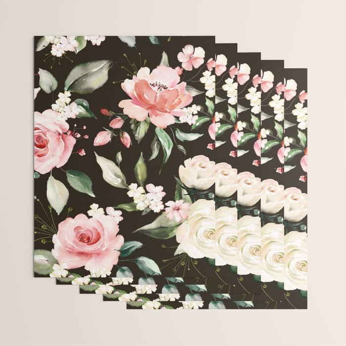 Pink & White Roses On Black Background Watercolor Painting Floral Pattern Wrapping Paper Gallery Image 3