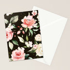 Pink & White Roses On Black Background Watercolor Painting Floral Pattern Stationery Card Gallery Image 2