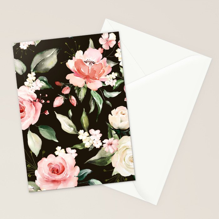 Pink & White Roses On Black Background Watercolor Painting Floral Pattern Stationery Card Gallery Image 2