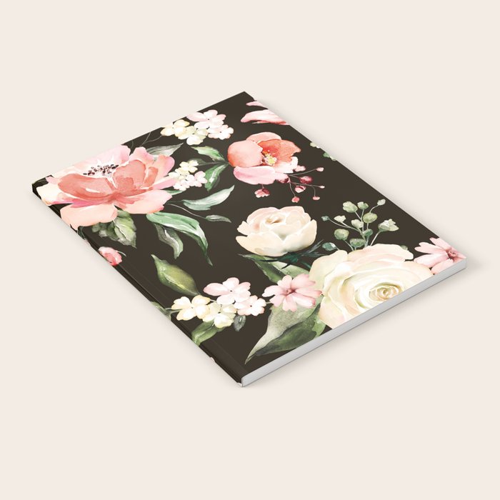 Pink & White Roses On Black Background Watercolor Painting Floral Pattern Notebook Gallery Image 2