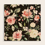 Pink & White Roses On Black Background Watercolor Painting Floral Pattern Wood Wall Art Gallery Image 1