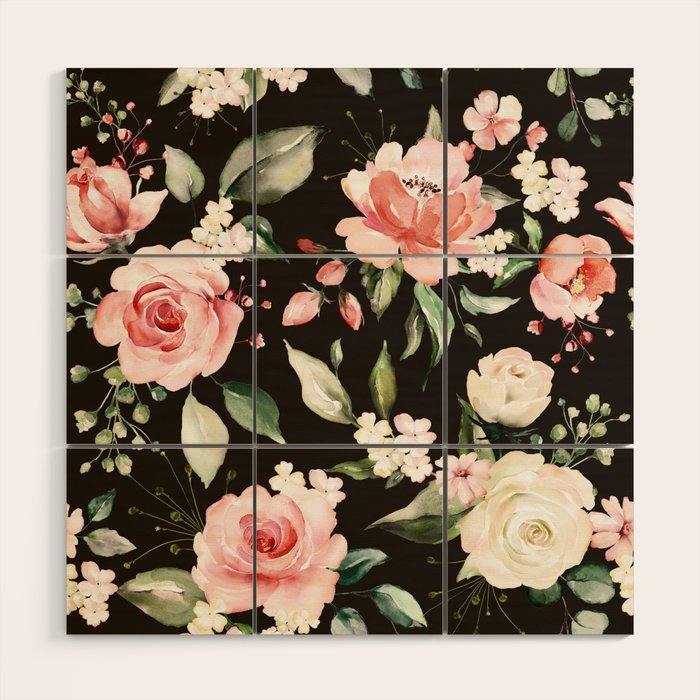 Pink & White Roses On Black Background Watercolor Painting Floral Pattern Wood Wall Art Gallery Image 1