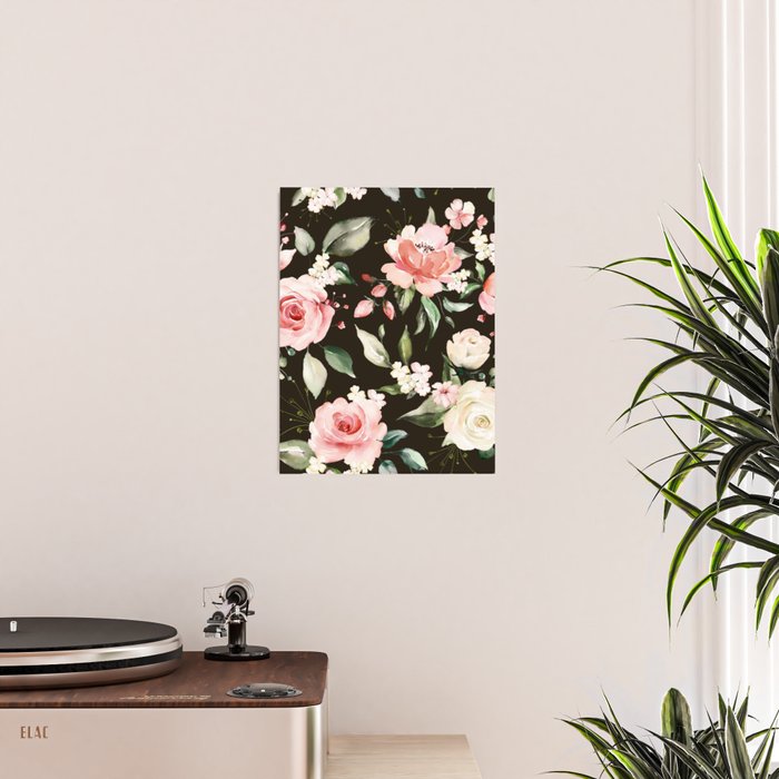 Pink & White Roses On Black Background Watercolor Painting Floral Pattern Poster Gallery Image 2