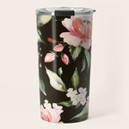 Pink & White Roses On Black Background Watercolor Painting Floral Pattern Travel Mug Gallery Image 1
