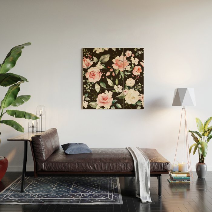Pink & White Roses On Black Background Watercolor Painting Floral Pattern Wood Wall Art Gallery Image 2