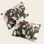 Pink & White Roses On Black Background Watercolor Painting Floral Pattern Pillow Sham Gallery Image 3