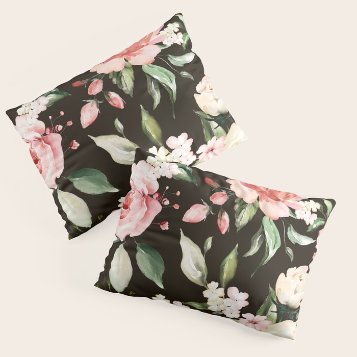 Pink & White Roses On Black Background Watercolor Painting Floral Pattern Pillow Sham Gallery Image 3