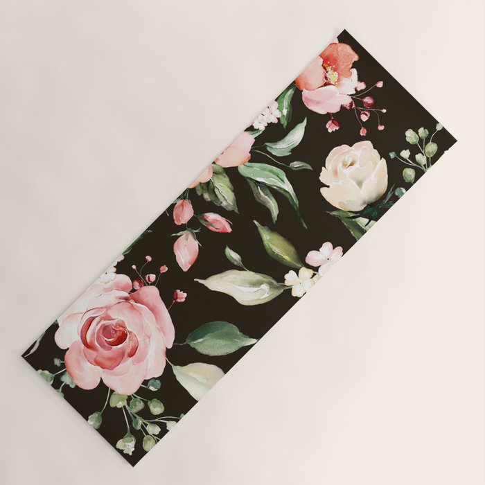 Pink & White Roses On Black Background Watercolor Painting Floral Pattern Yoga Mat Gallery Image 1