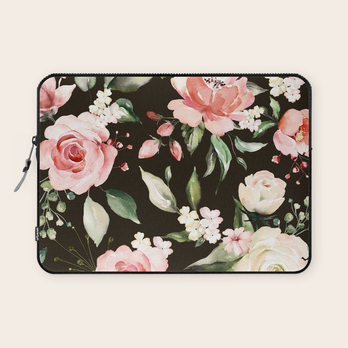 Pink & White Roses On Black Background Watercolor Painting Floral Pattern Laptop Sleeve Gallery Image 1