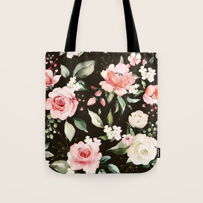 Pink & White Roses On Black Background Watercolor Painting Floral Pattern Tote Bag Gallery Image 1
