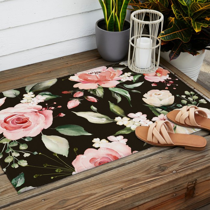 Pink & White Roses On Black Background Watercolor Painting Floral Pattern Outdoor Rug Gallery Image 2