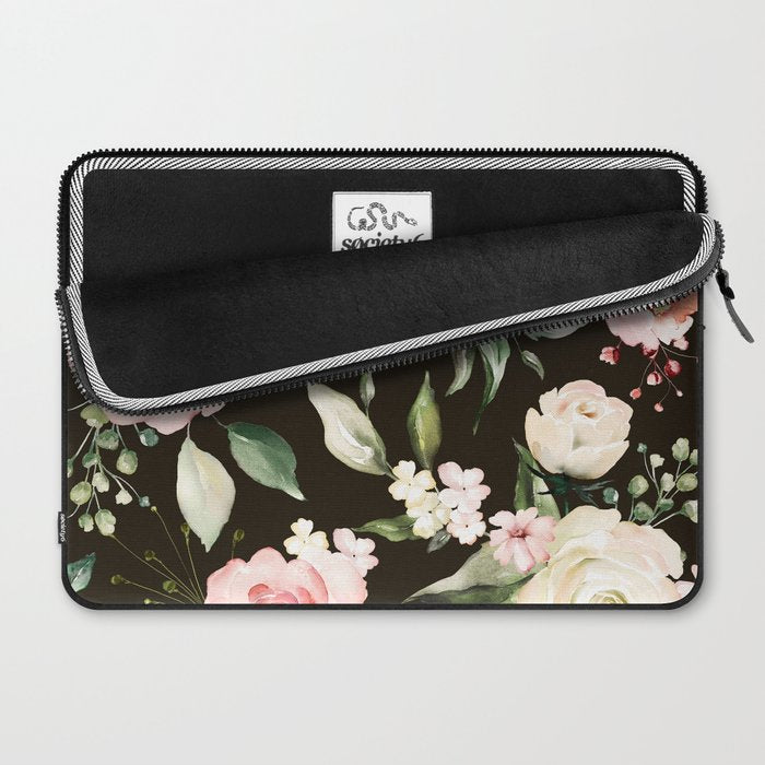 Pink & White Roses On Black Background Watercolor Painting Floral Pattern Laptop Sleeve Gallery Image 2