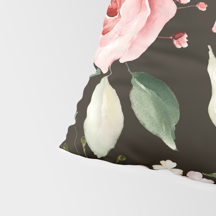 Pink & White Roses On Black Background Watercolor Painting Floral Pattern Pillow Sham Gallery Image 4