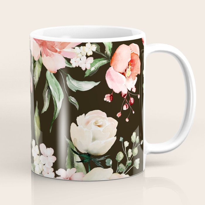 Pink & White Roses On Black Background Watercolor Painting Floral Pattern Coffee Mug Gallery Image 1