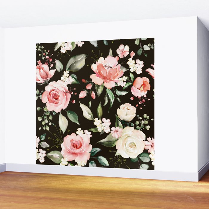 Pink & White Roses On Black Background Watercolor Painting Floral Pattern Wall Mural Gallery Image 2