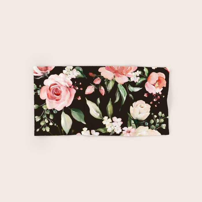 Pink & White Roses On Black Background Watercolor Painting Floral Pattern Bath Towel Gallery Image 1