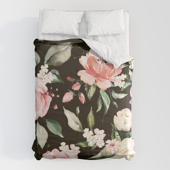Pink & White Roses On Black Background Watercolor Painting Floral Pattern Comforter Gallery Image 1