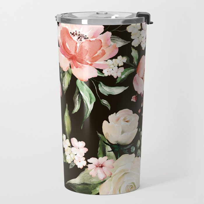 Pink & White Roses On Black Background Watercolor Painting Floral Pattern Travel Mug Gallery Image 2
