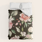 Pink & White Roses On Black Background Watercolor Painting Floral Pattern Duvet Cover Gallery Image 6