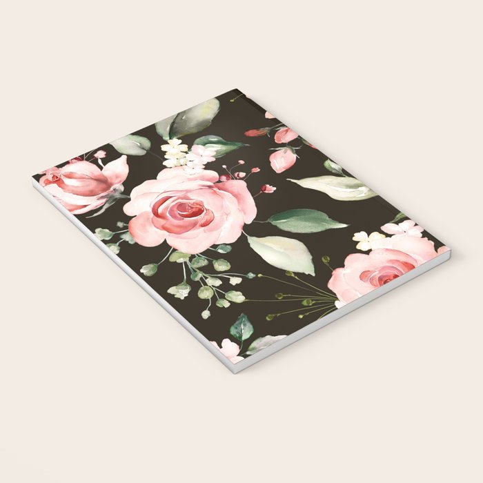 Pink & White Roses On Black Background Watercolor Painting Floral Pattern Notebook Gallery Image 3
