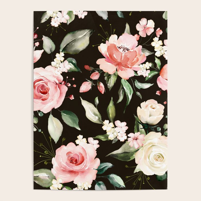 Pink & White Roses On Black Background Watercolor Painting Floral Pattern Poster Gallery Image 4