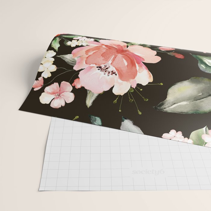 Pink & White Roses On Black Background Watercolor Painting Floral Pattern Wrapping Paper Gallery Image 2