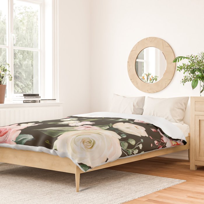Pink & White Roses On Black Background Watercolor Painting Floral Pattern Duvet Cover Gallery Image 2