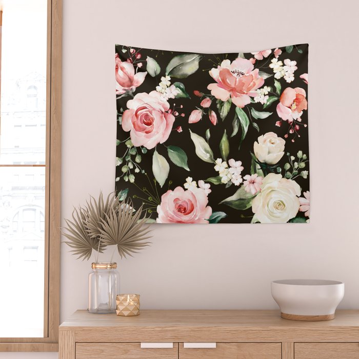 Pink & White Roses On Black Background Watercolor Painting Floral Pattern Wall Tapestry Gallery Image 2