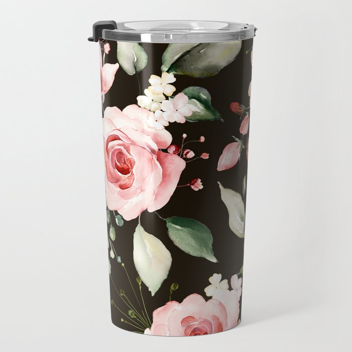 Pink & White Roses On Black Background Watercolor Painting Floral Pattern Travel Mug Gallery Image 3