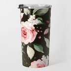 Pink & White Roses On Black Background Watercolor Painting Floral Pattern Travel Mug Gallery Image 3