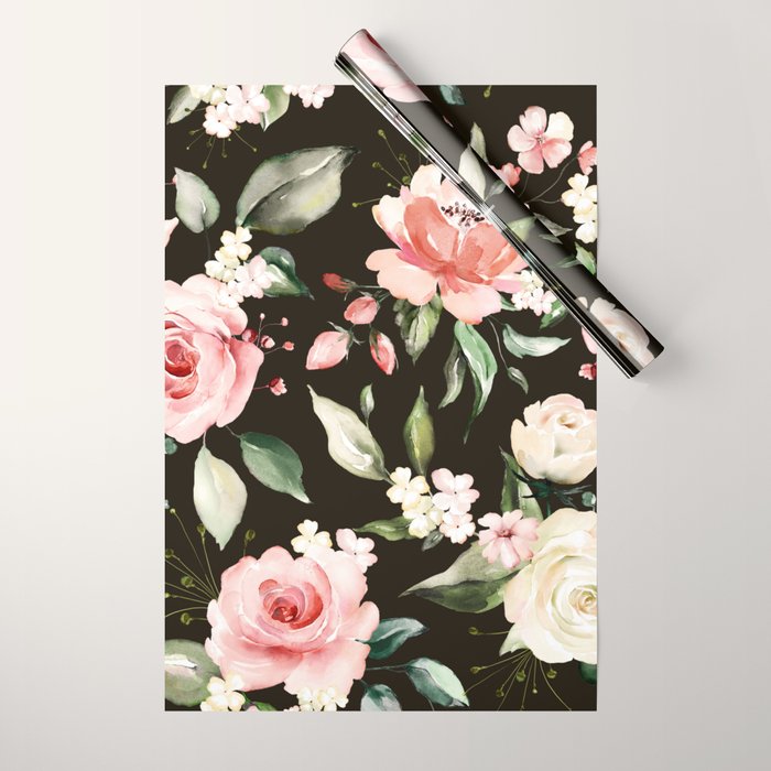 Pink & White Roses On Black Background Watercolor Painting Floral Pattern Wrapping Paper Gallery Image 1