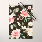 Pink & White Roses On Black Background Watercolor Painting Floral Pattern Wrapping Paper Gallery Image 1