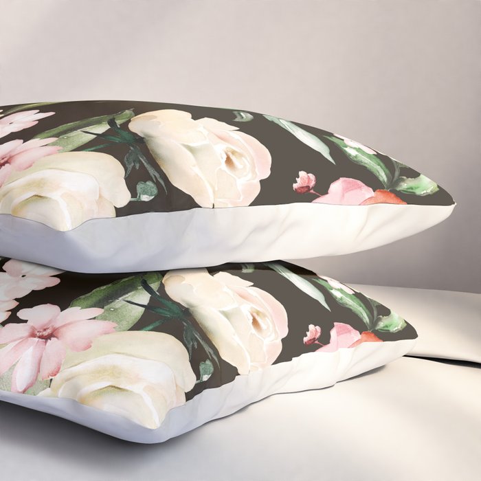 Pink & White Roses On Black Background Watercolor Painting Floral Pattern Pillow Sham Gallery Image 3