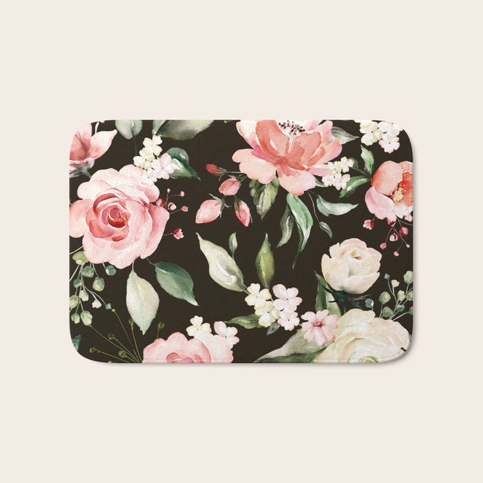 Pink & White Roses On Black Background Watercolor Painting Floral Pattern Bath Mat