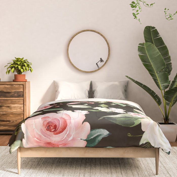 Pink & White Roses On Black Background Watercolor Painting Floral Pattern Comforter Gallery Image 3