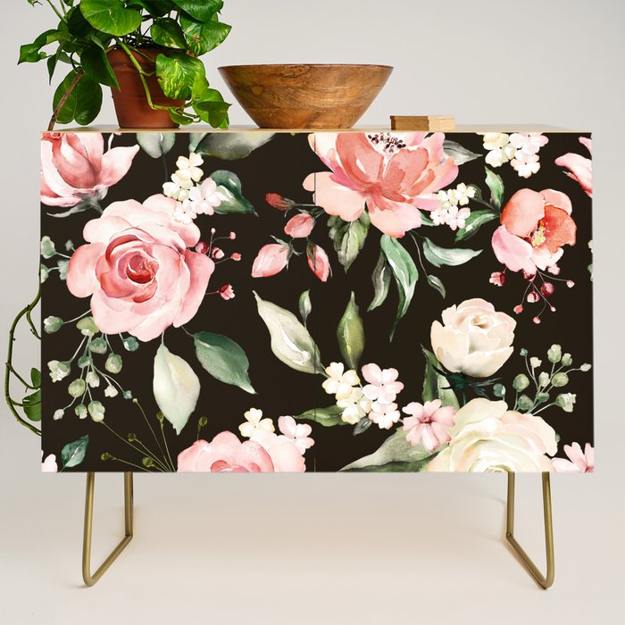 Pink & White Roses On Black Background Watercolor Painting Floral Pattern Credenza Gallery Image 1