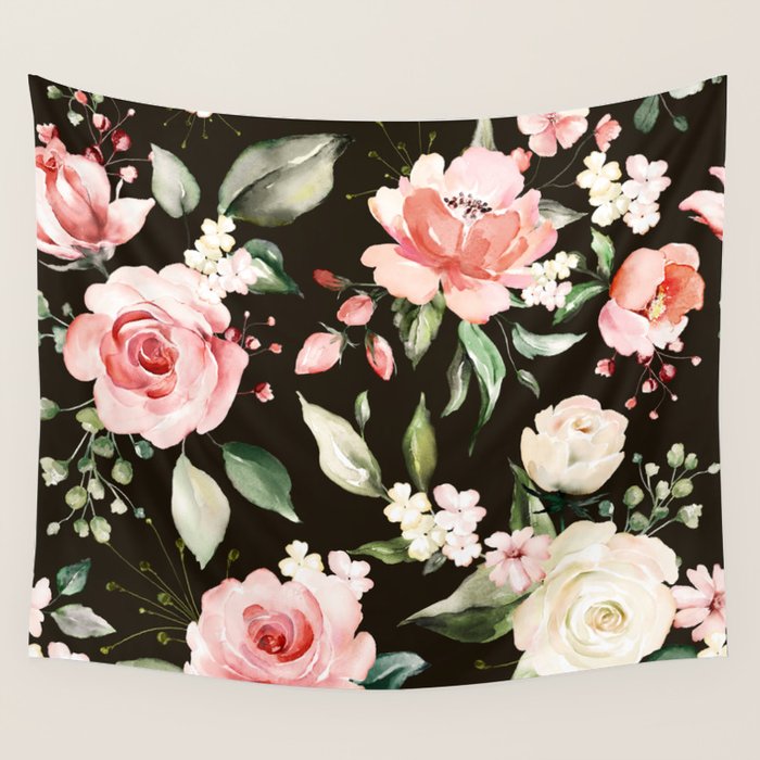 Pink & White Roses On Black Background Watercolor Painting Floral Pattern Wall Tapestry Gallery Image 4