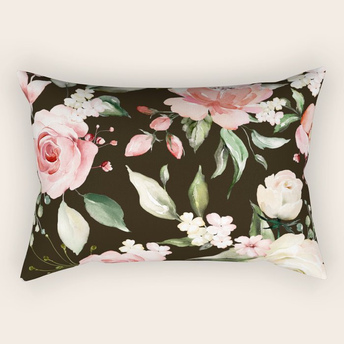 Pink & White Roses On Black Background Watercolor Painting Floral Pattern Rectangular Pillow Gallery Image 2