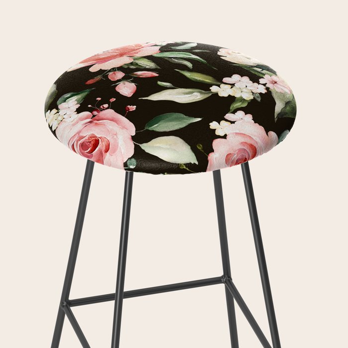 Pink & White Roses On Black Background Watercolor Painting Floral Pattern Stool Gallery Image 2