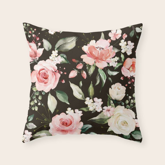 Pink & White Roses On Black Background Watercolor Painting Floral Pattern Throw Pillow Gallery Image 6