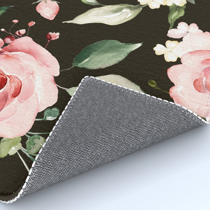 Pink & White Roses On Black Background Watercolor Painting Floral Pattern Rug Gallery Image 4