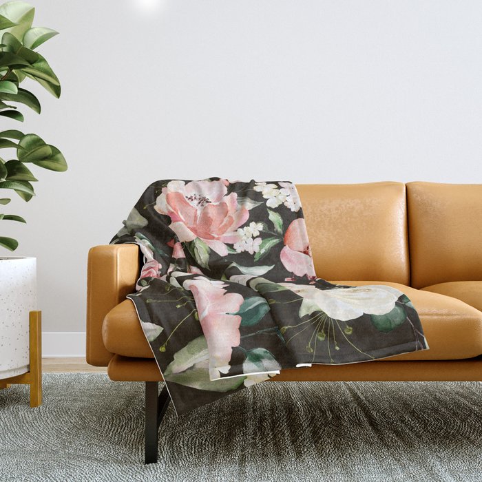 Pink & White Roses On Black Background Watercolor Painting Floral Pattern Throw Blanket Gallery Image 1