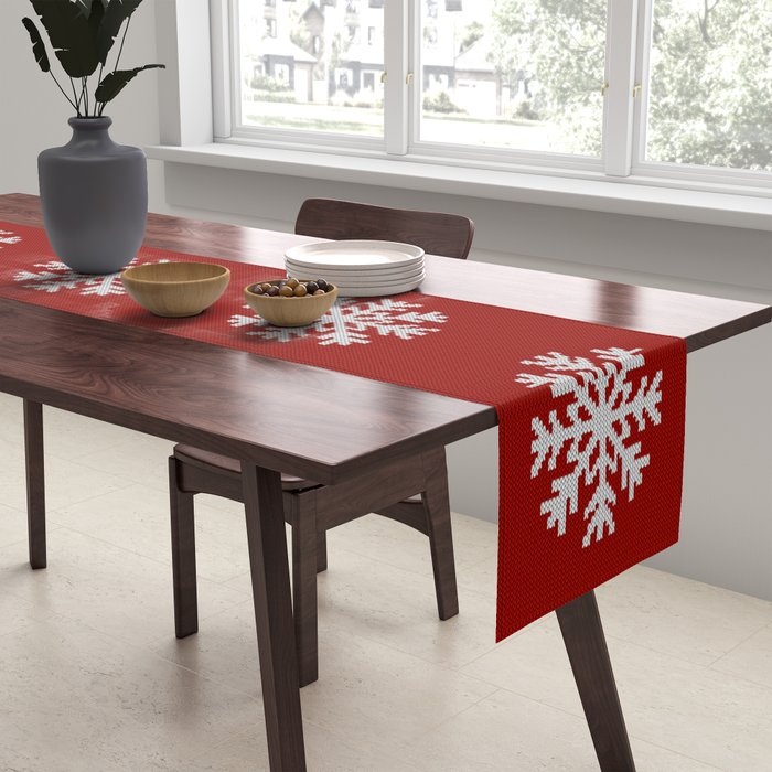 Classic Red Christmas white snowflake knit Table Runner Gallery Image 2