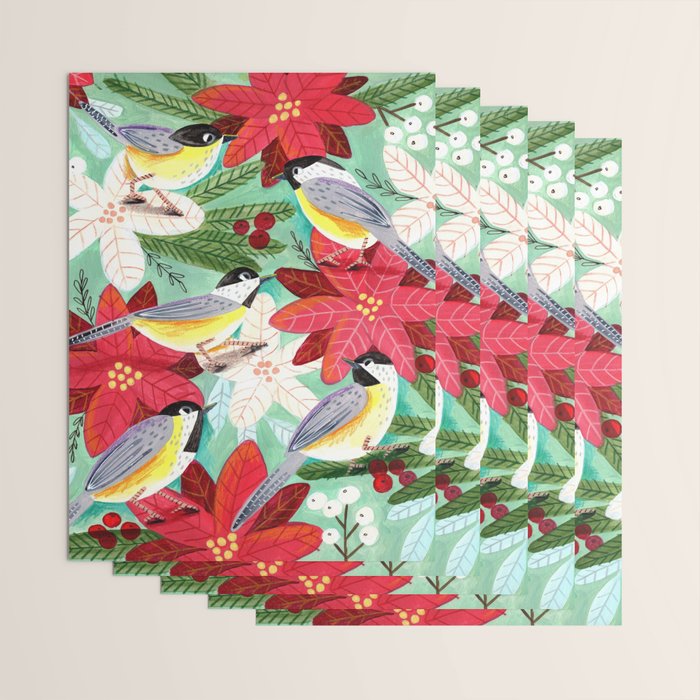 Winter birds tits and Christmas flowers Wrapping Paper Gallery Image 3